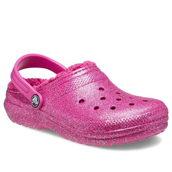 Crocs Fuchsia Fun / Multi Kids  Classic Lined Glitter Clog Shoes - Picture 1 of 1